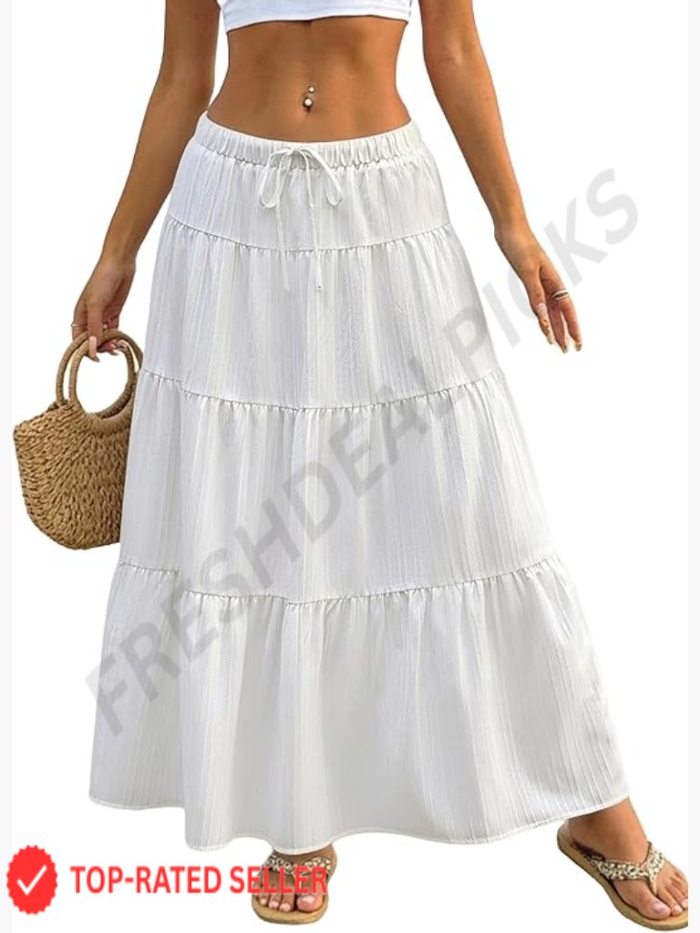 Boho Maxi Skirt Flowy Tiered Ruffle Long Elastic Waist Beach Vacation